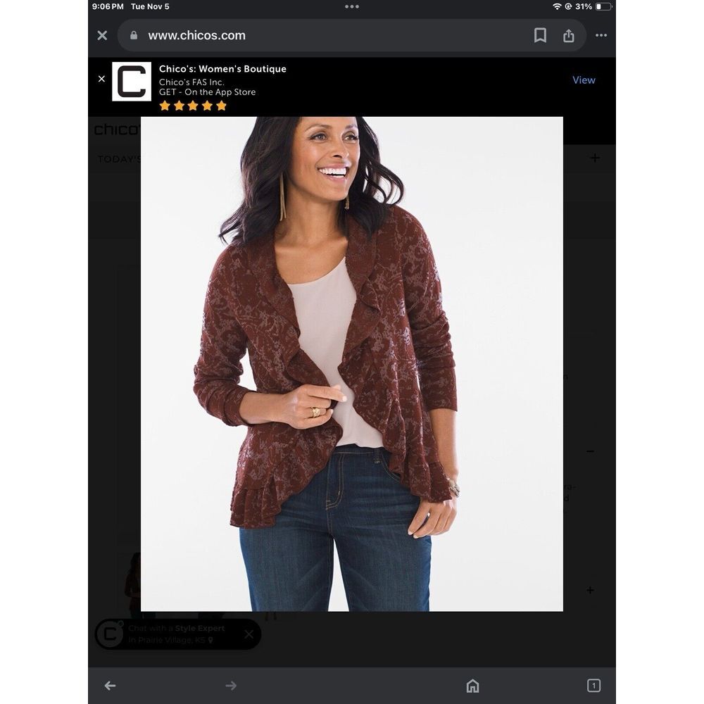 Chico's Patterned‎ Burnout Open Front Open Cardigan Mahogany  Size 3 (XL 16) NWT